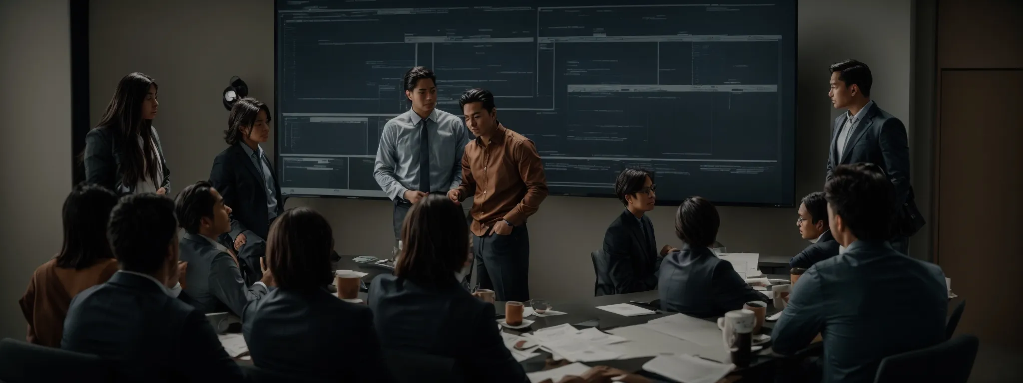 a team gathered around a large screen, analyzing and discussing a flowchart indicative of a project management plan.