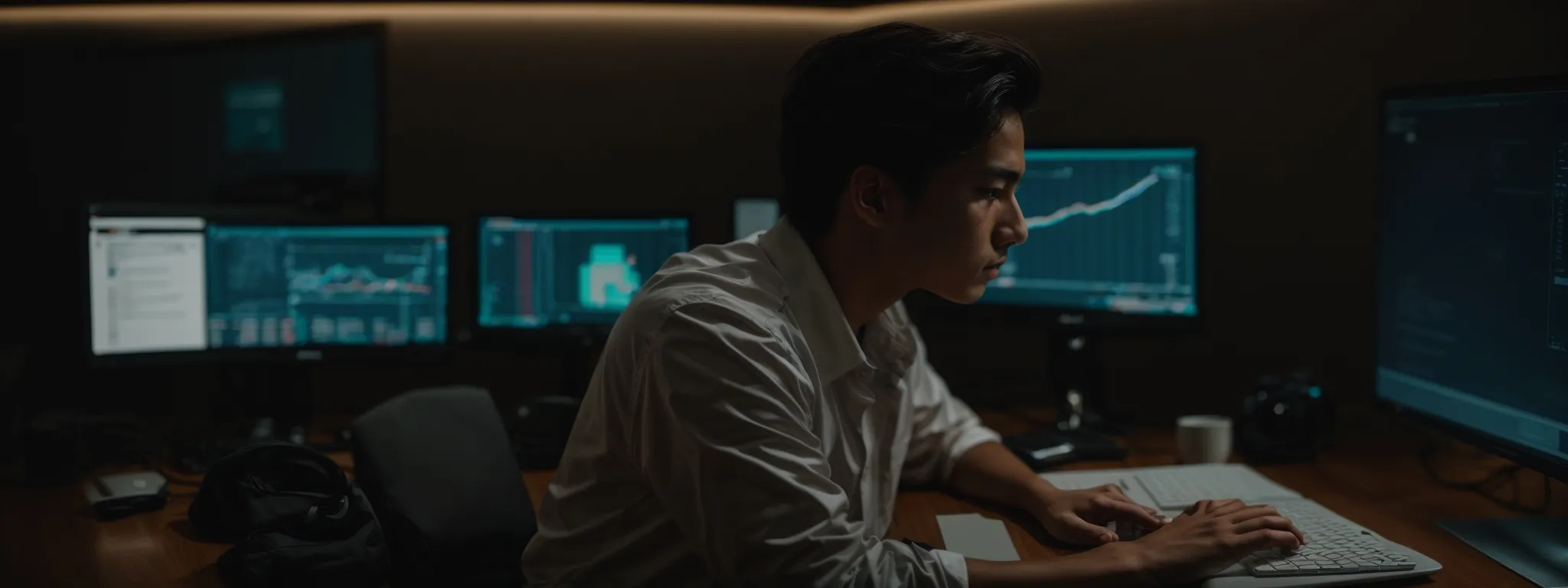 a focused individual intently studies a brightly lit computer screen, immersed in a strategic online search.
