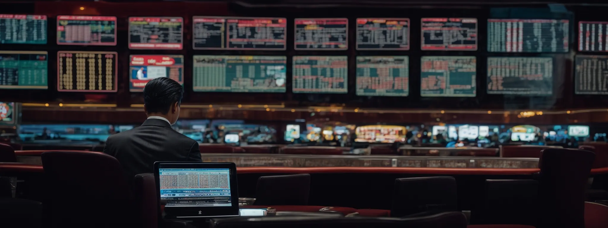 a casino manager intently studies multiple computer screens displaying analytics and search engine rankings for various online casino sites.