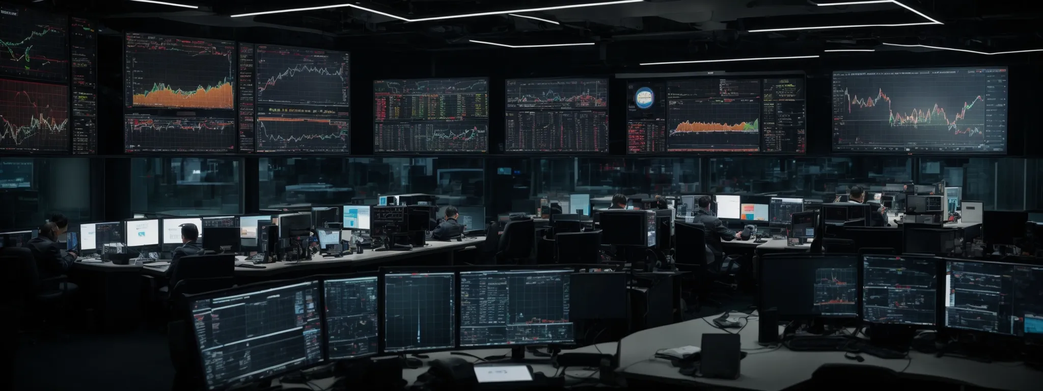 a command center with screens displaying graphs and data analytics dashboards optimizing marketing strategies.