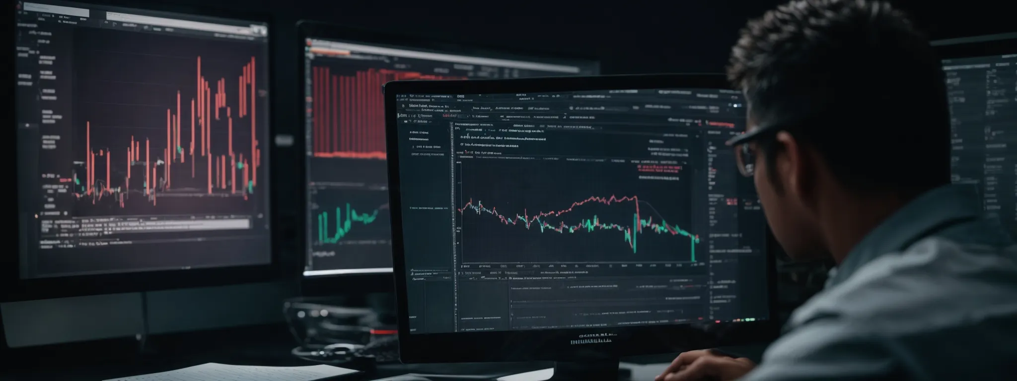 a professional meticulously analyzing code on a computer screen with seo analytics graphs in the background.