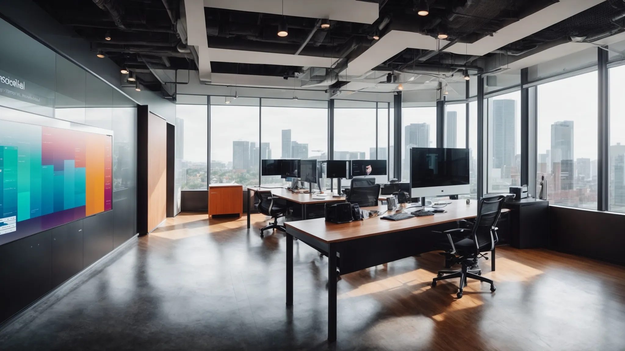 a modern office space with a large interactive touchscreen display showing colorful graphs and social media analytics.