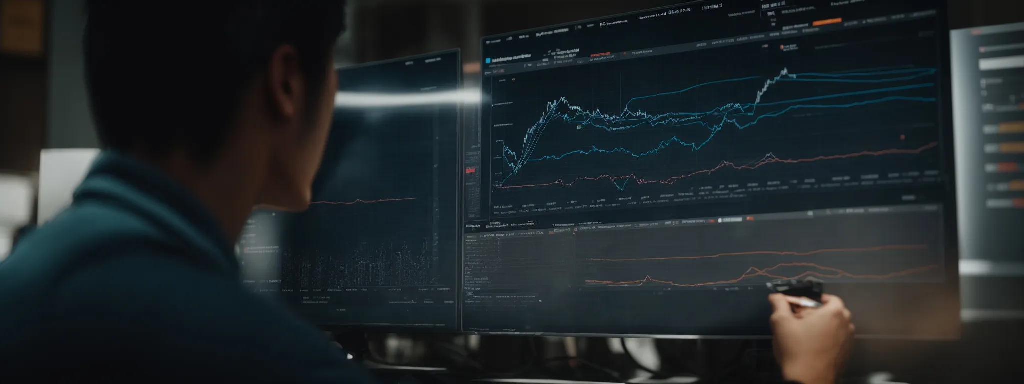 a person thoughtfully examining a large screen displaying various graph trends and email campaign analytics.