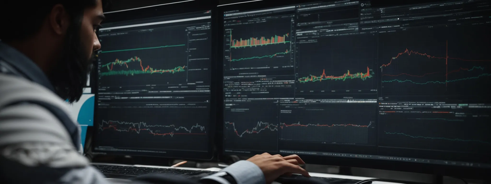 a person intently analyzes graphs and charts on a computer screen, showing user engagement and website performance metrics.