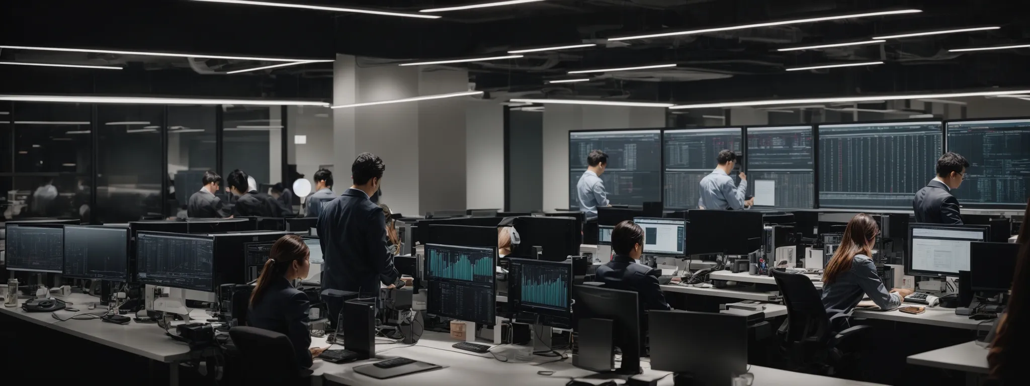 a bustling digital marketing team analyzes performance metrics on large computer screens in a modern office.