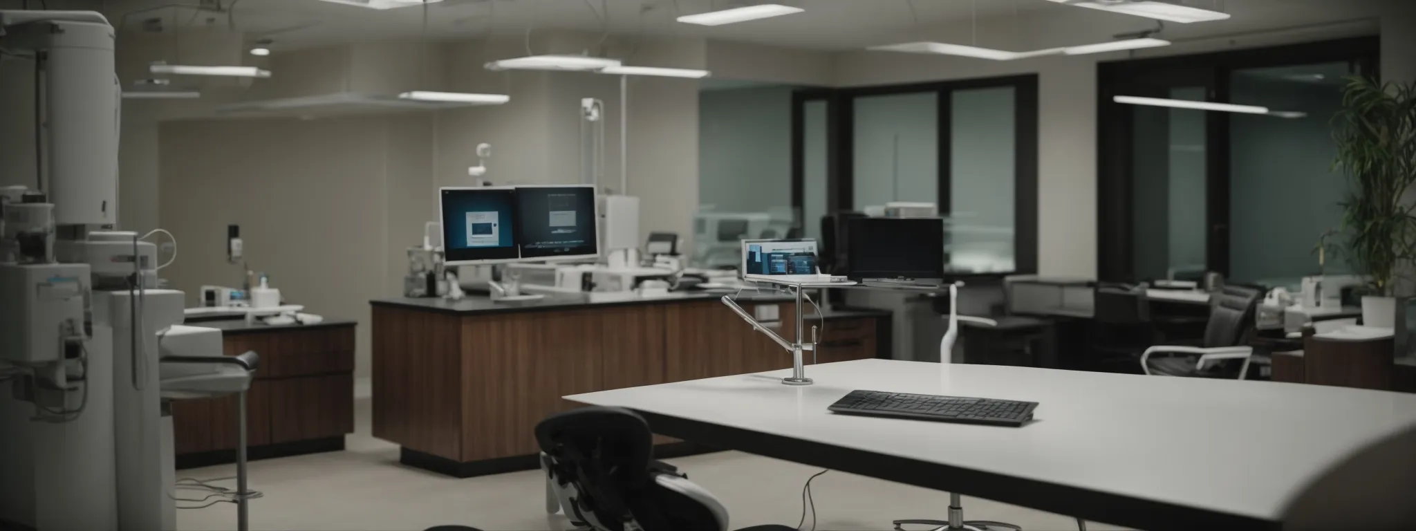 a dentist's modern office with an open laptop displaying a search engine on the screen, nestled among dental equipment.