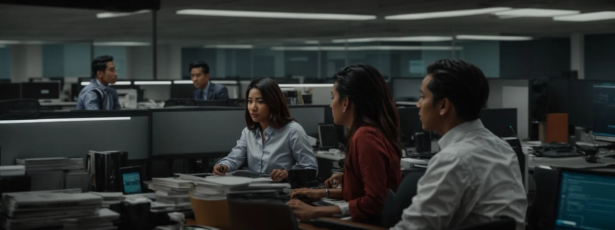 two people in a modern office setting, surrounded by computer monitors, engaged in a deep discussion over a stack of reports.