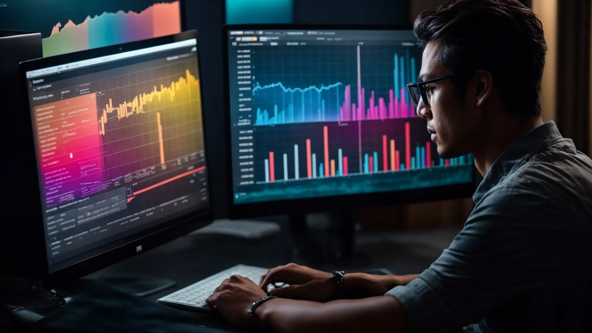 a person analyzing colorful graphs and charts on a computer screen to determine trending keywords.