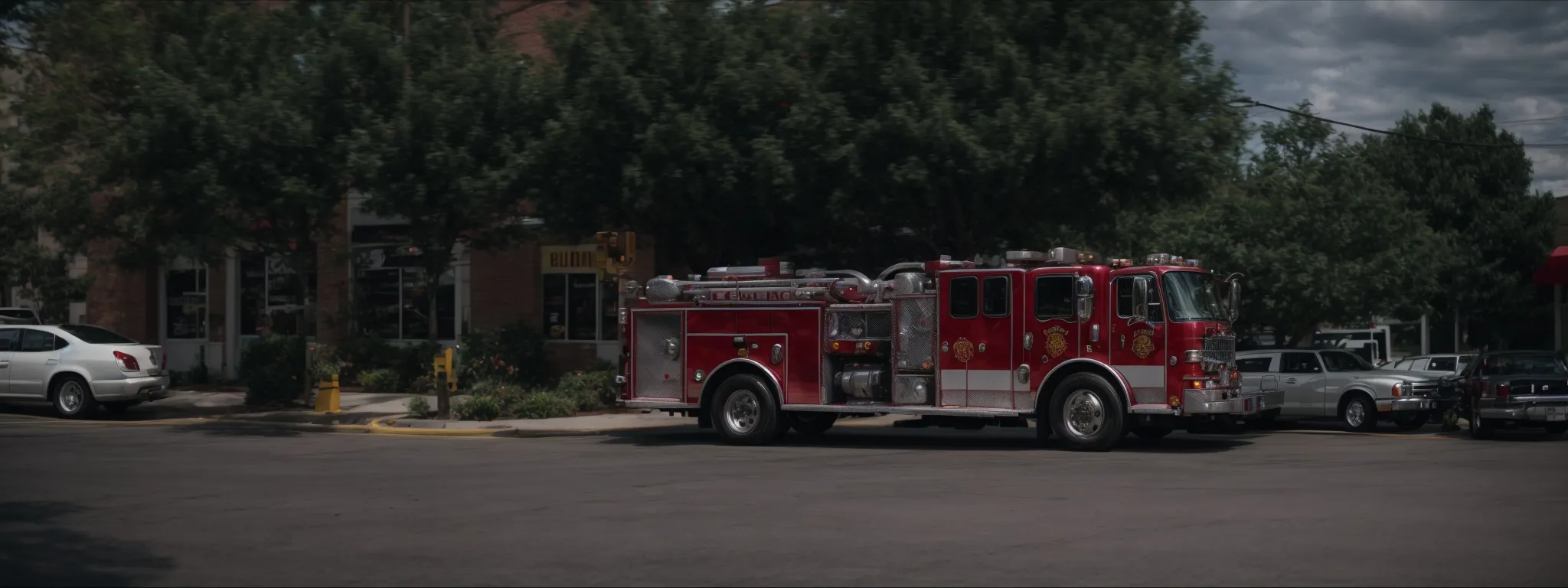 a fire truck parked outside a business establishment in a bustling local neighborhood.