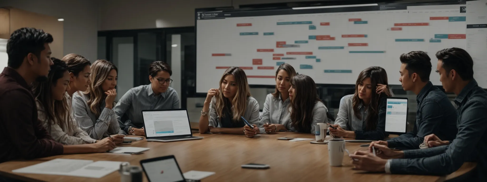 a digital marketing team gathers around a large table, brainstorming and strategizing over a content calendar displayed on a wall-mounted screen.