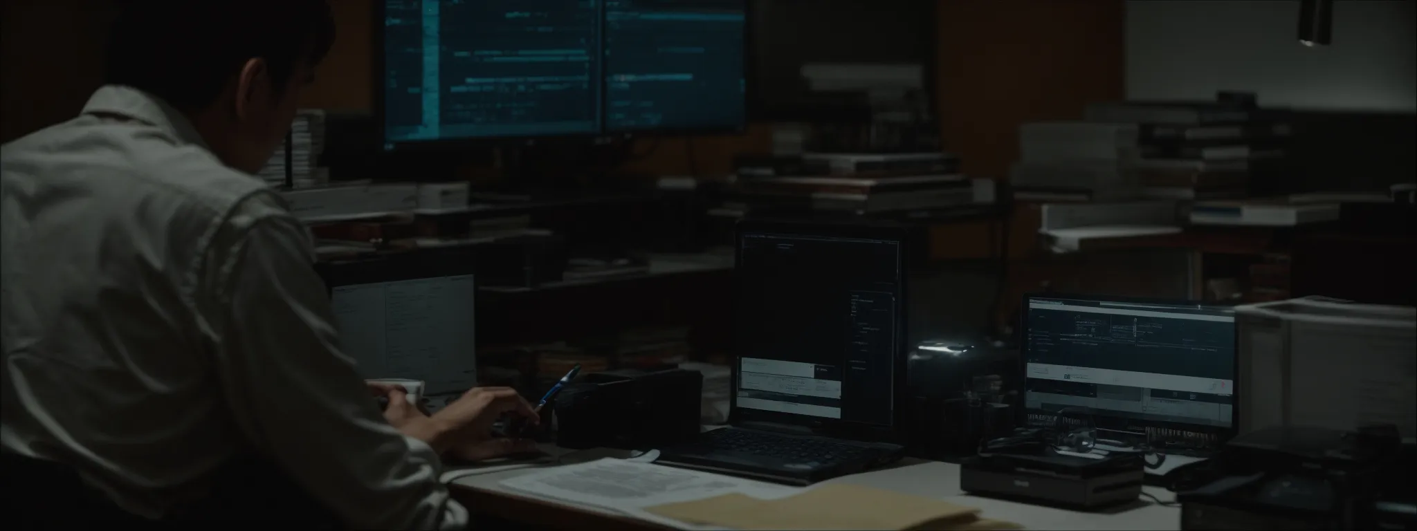 a photo of a person sitting at a computer, editing a document on screen, with reference books on the desk.