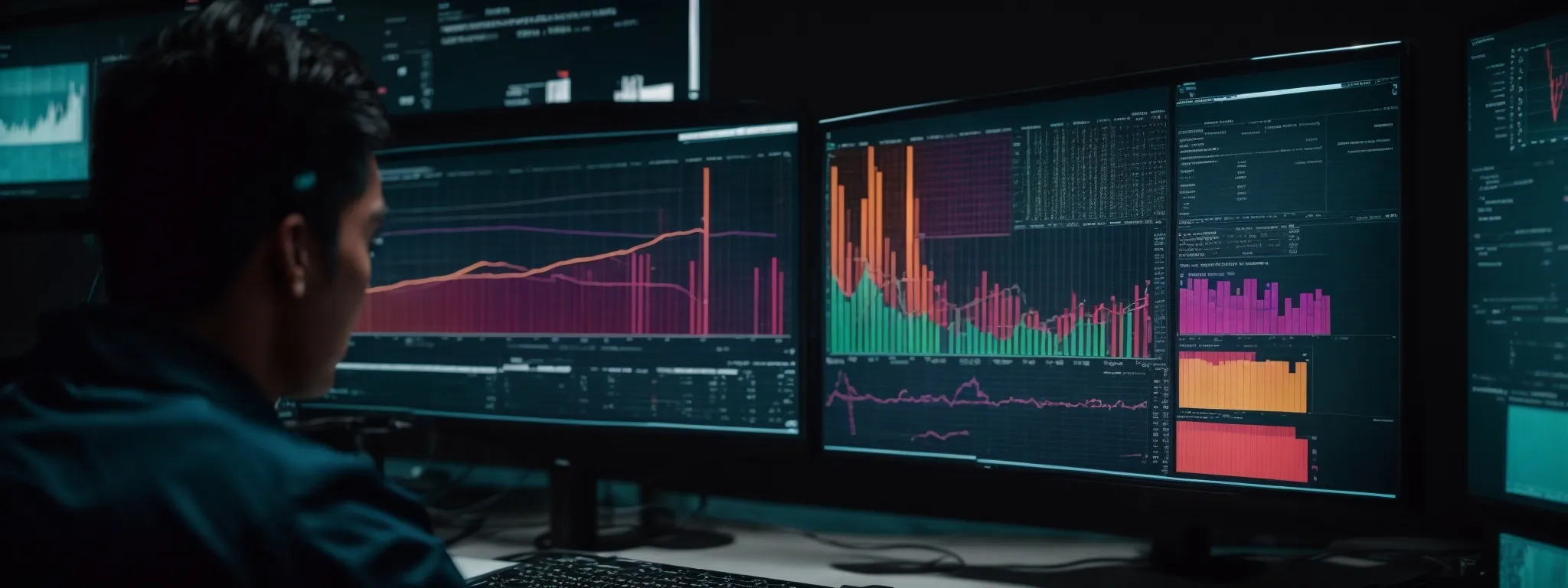 a wide computer screen displaying colorful graphs and data analysis while a professional gazes intently at the metrics.