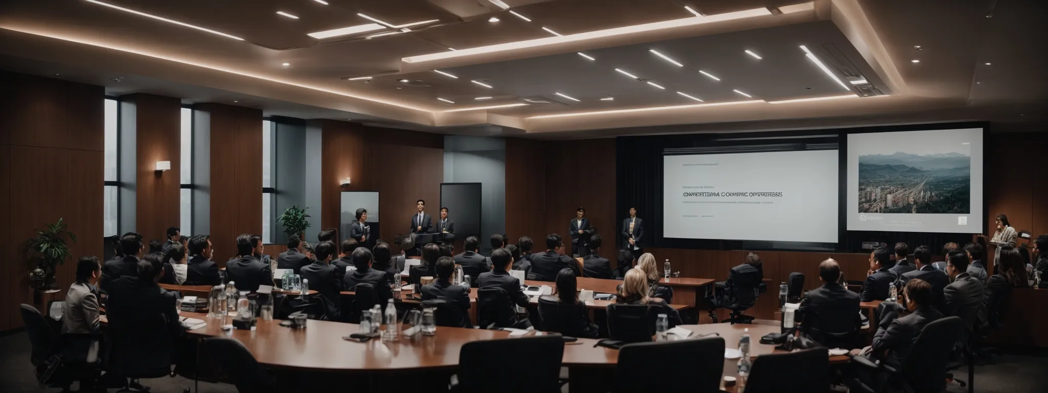 a conference room with a presentation on content optimization strategies, attended by digital marketers with laptops open.