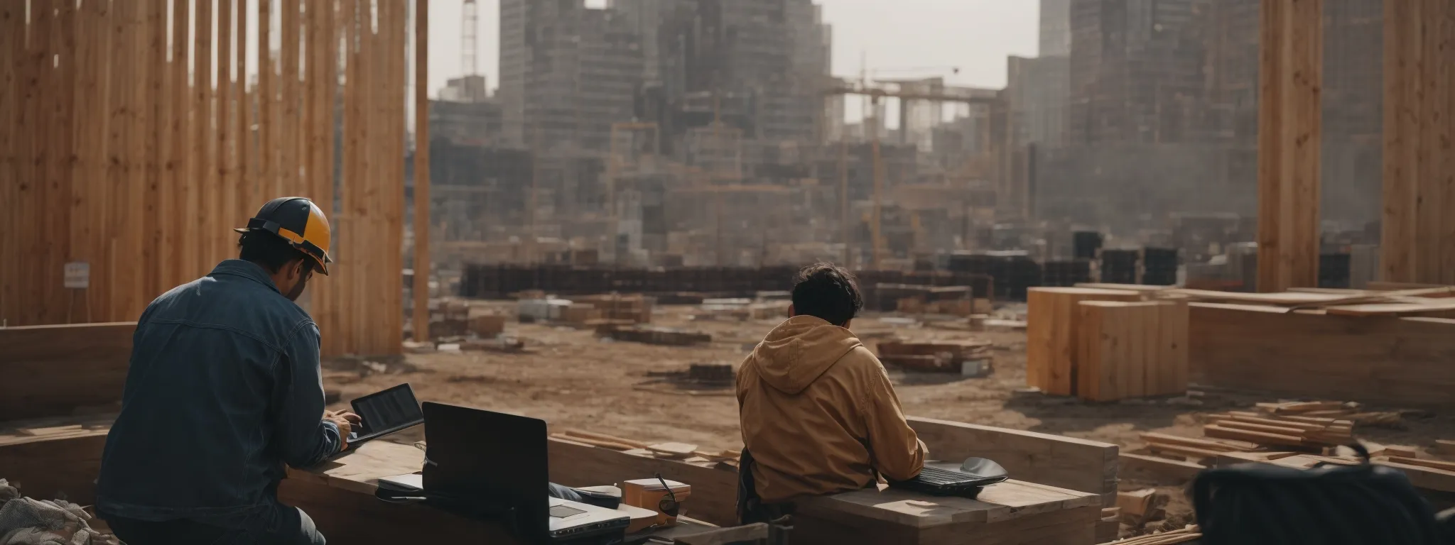 a person working on a laptop with social media platforms on the screen amidst a construction-themed backdrop.