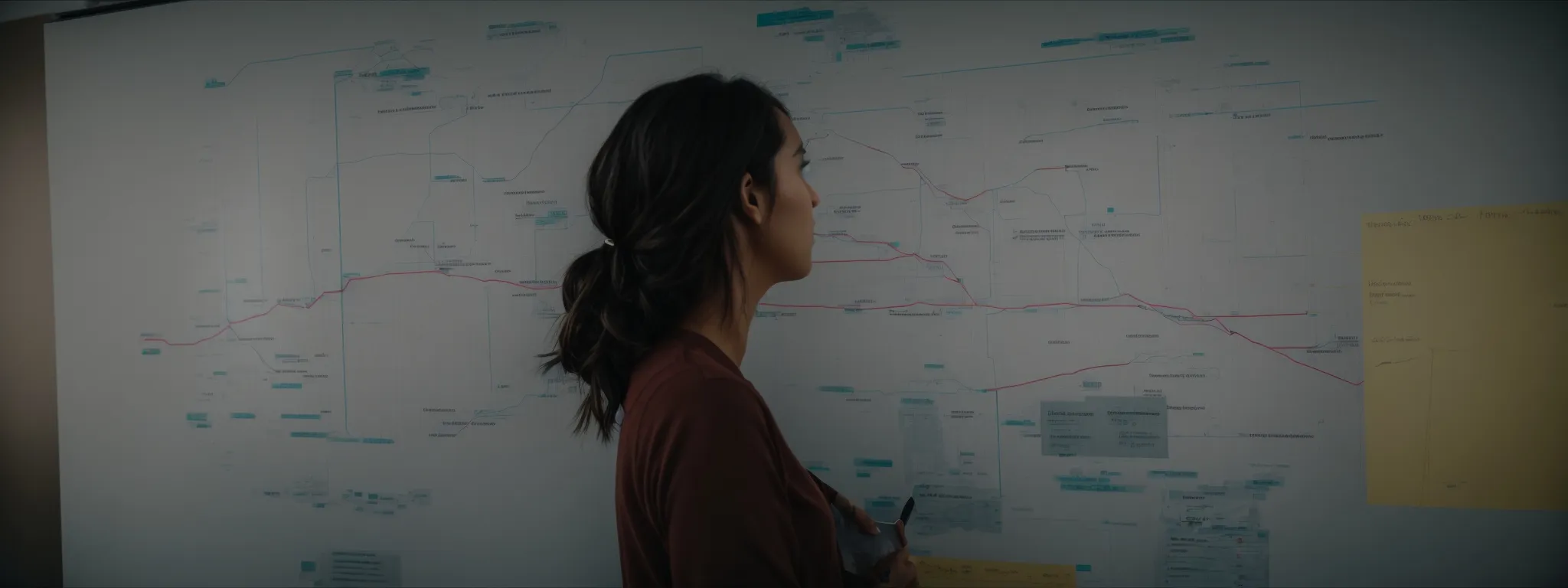 a person analyzing a complex chart on a whiteboard to strategize seo tactics.