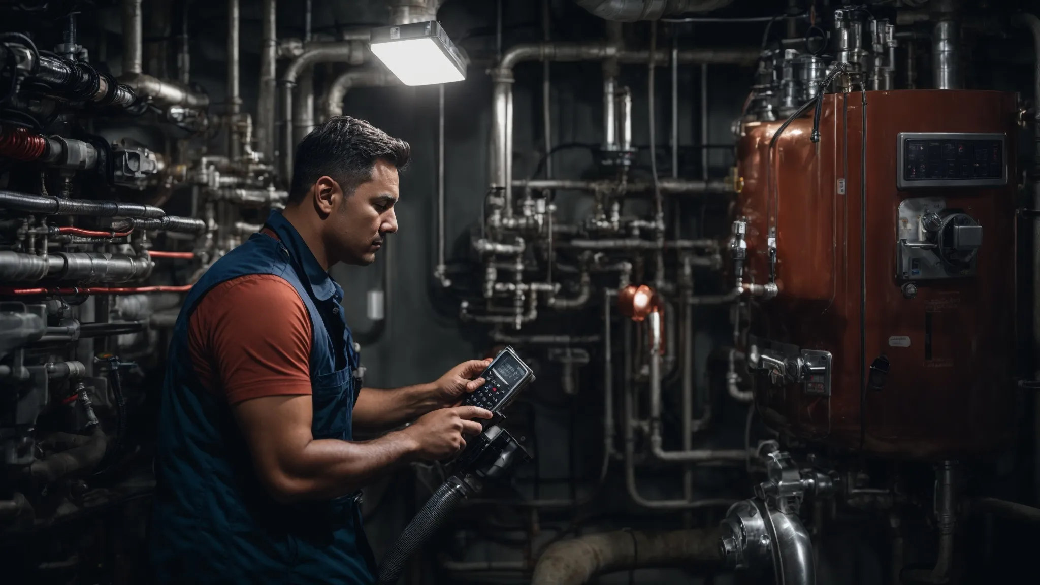 a professional plumber adjusts a high-tech control system in a modern boiler room.