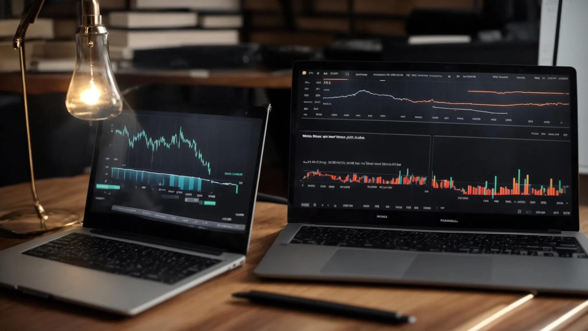 two laptops with graphs and charts on their screens placed opposite each other on a wooden desk, symbolizing a strategic battle between .com and .net domain seo rankings.