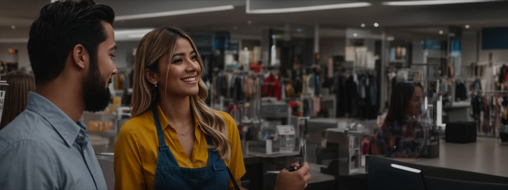 a friendly customer service representative talking with a satisfied customer in a bright, modern retail setting.
