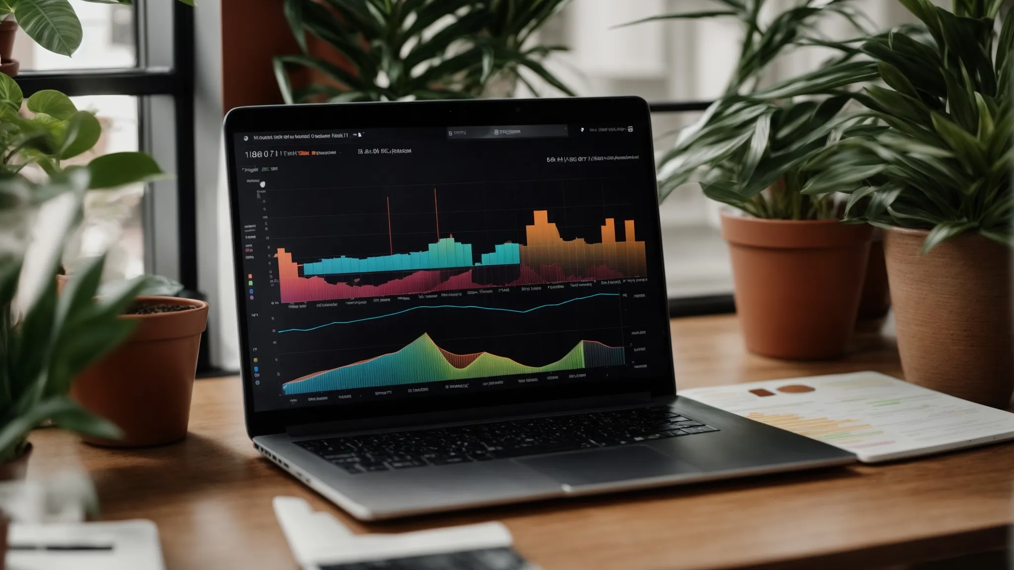 a laptop displaying colorful charts and graphs on its screen sits on a desk next to a potted plant.