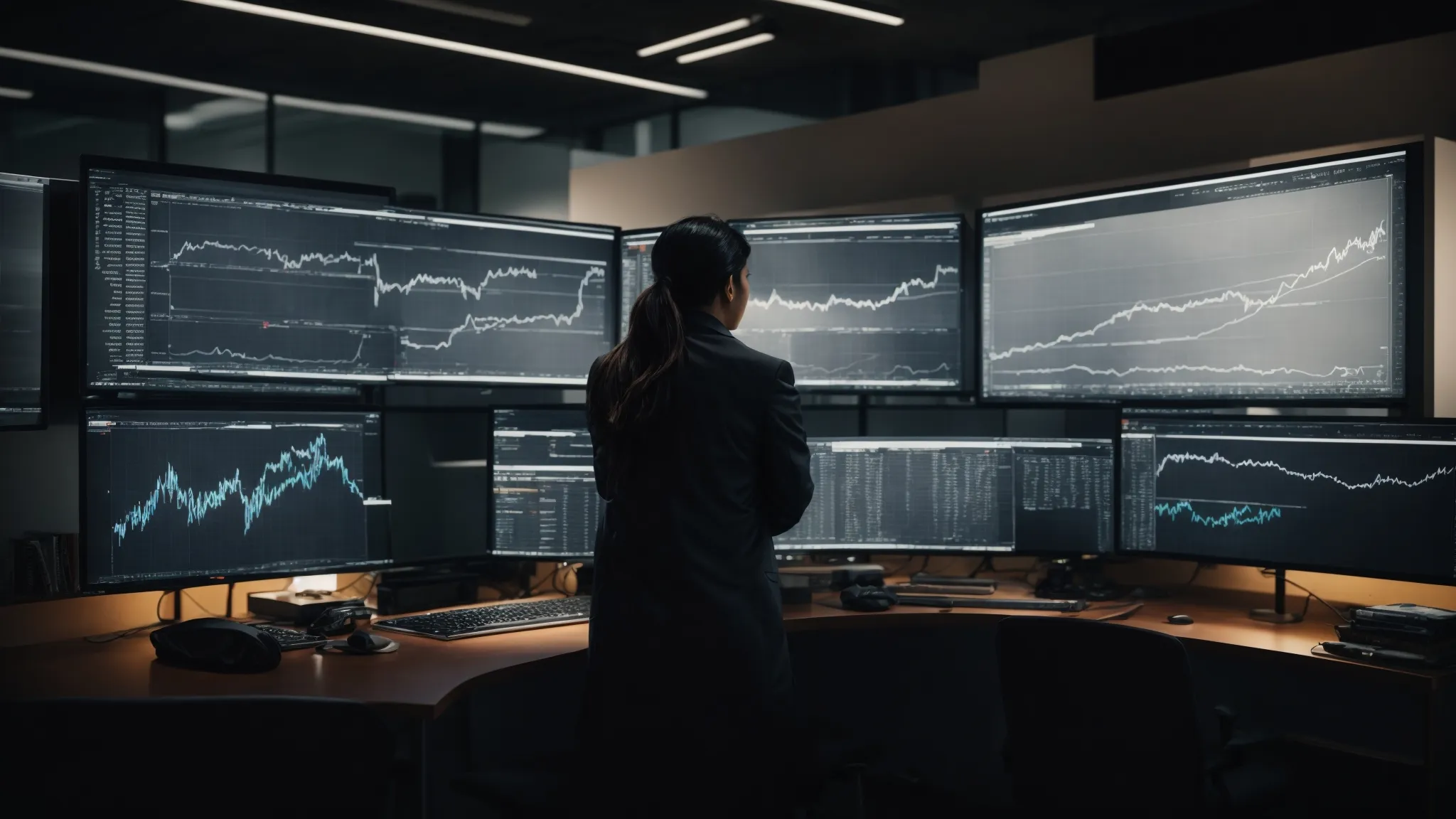 a person intently analyzing charts and graphs on a computer screen in a modern office setting.