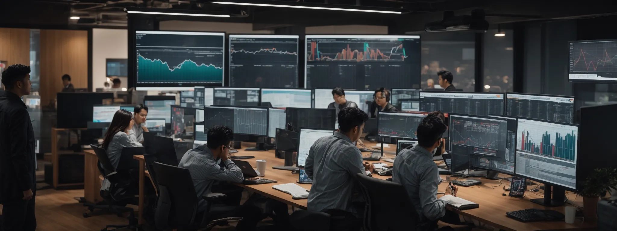 a bustling digital marketing agency with professionals analyzing data on large monitors displaying colorful graphs and engagement statistics.
