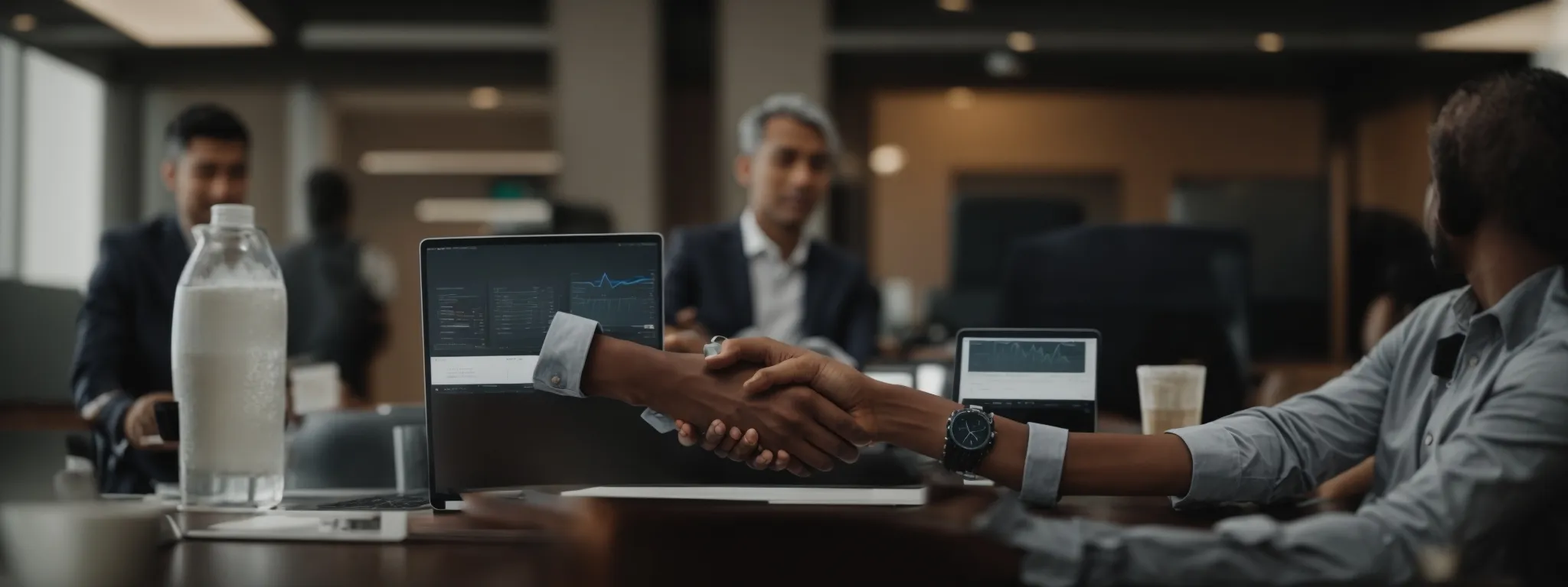 two professionals shaking hands across a conference table with a laptop displaying graphs.