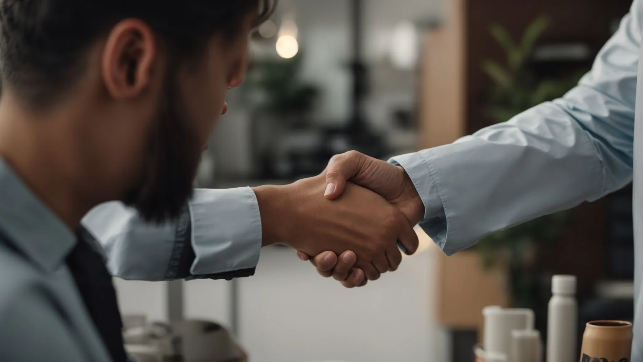 a company executive shakes hands with an eco-friendly product supplier, signaling a responsible brand partnership for online marketing.