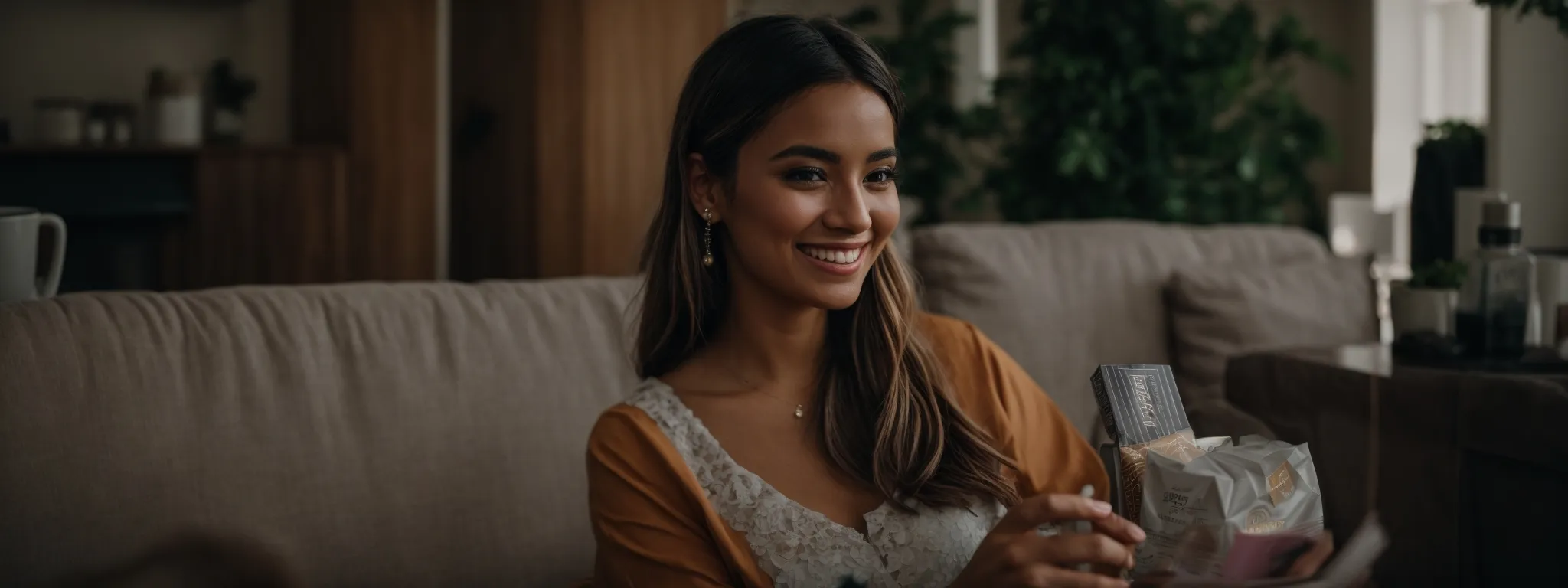 an influencer smiling at the camera while holding a product in a well-lit, chic living room.