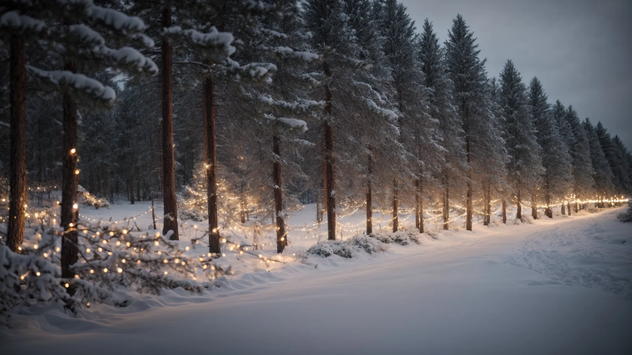 a row of pine trees on a farm with a snowy backdrop, subtly accentuated by twinkling fairy lights.