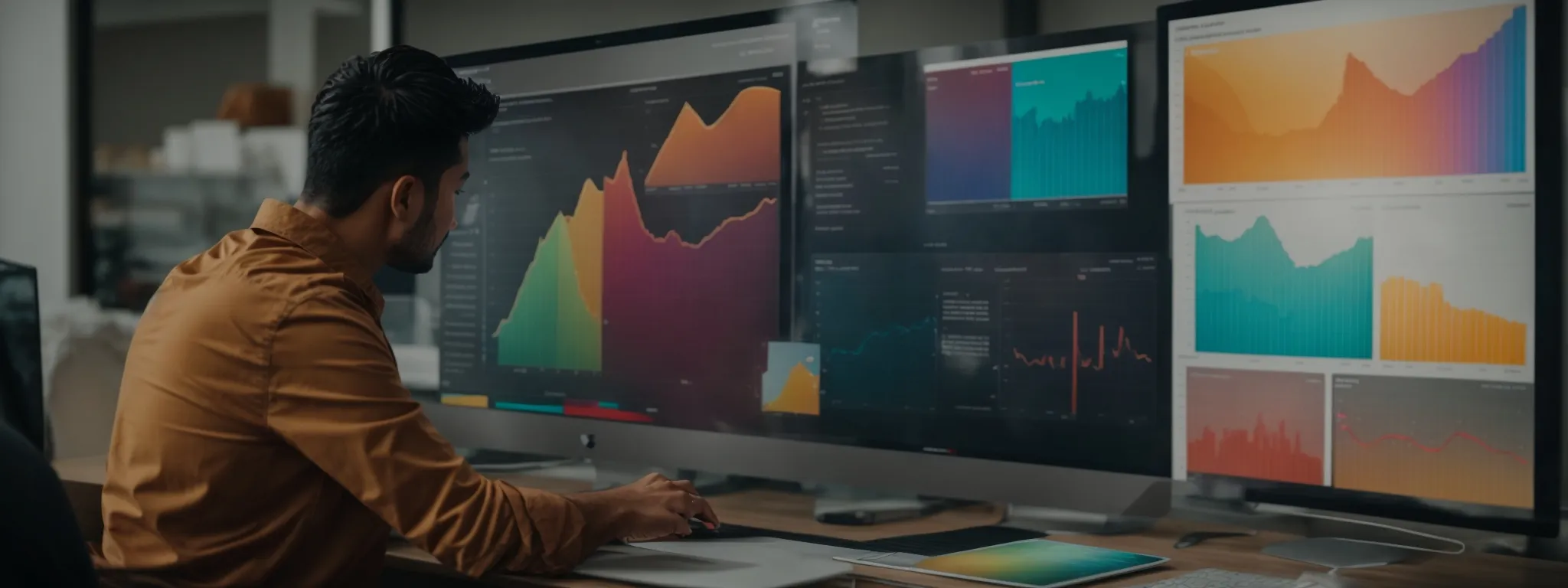 a digital marketing expert reviews a colorful dashboard highlighting website performance metrics and a/b test results.