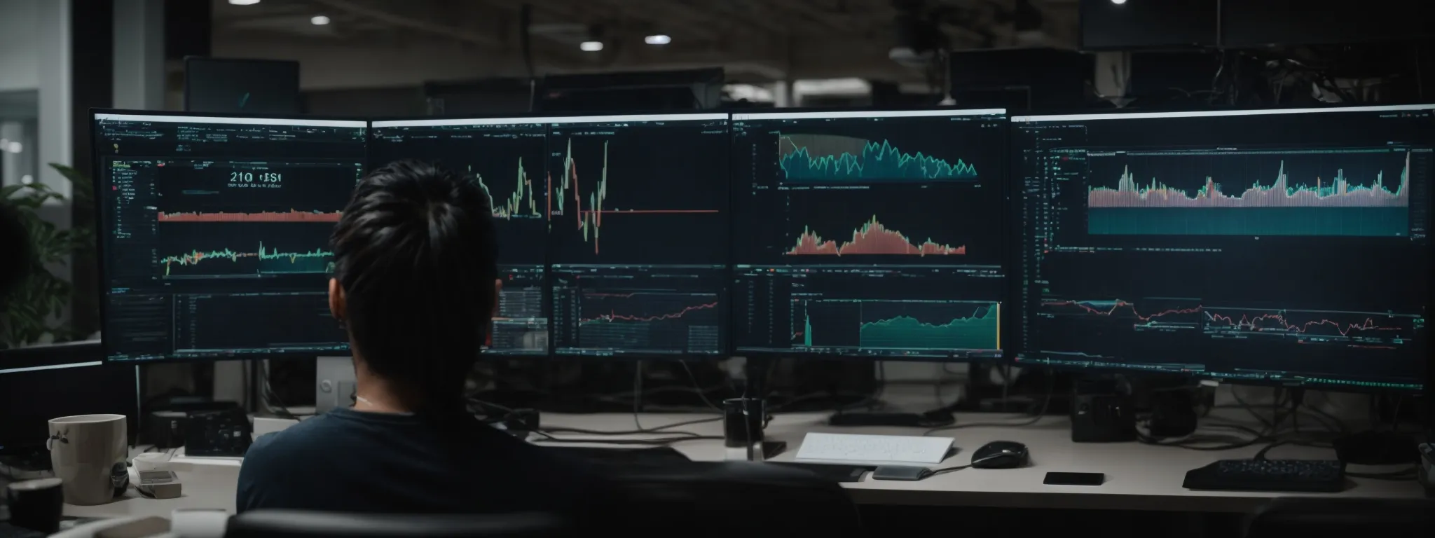 a person sitting at a desk with multiple monitors displaying charts and analysis tools while engaged in a video call for customer support.