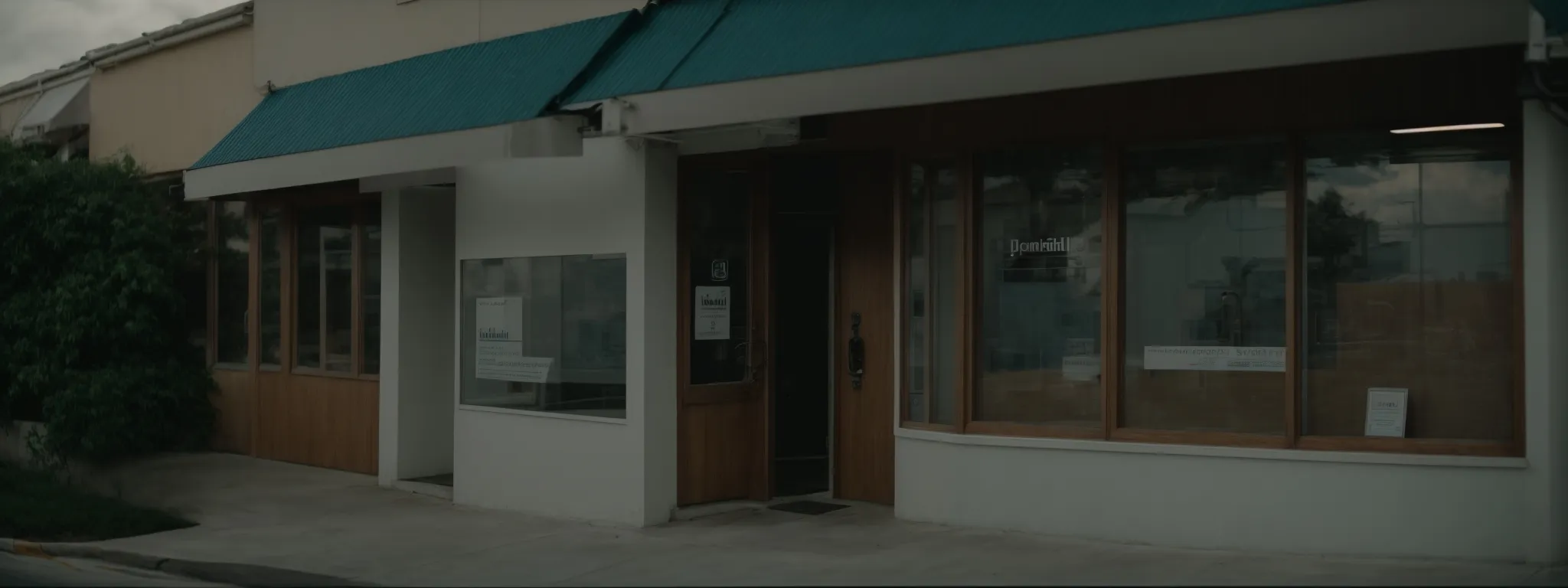 A closed storefront with large windows, a teal awning, and signs on the door and window, situated on a sidewalk corner—ideal for a dental office looking to boost visibility with strong SEO for Dentists.