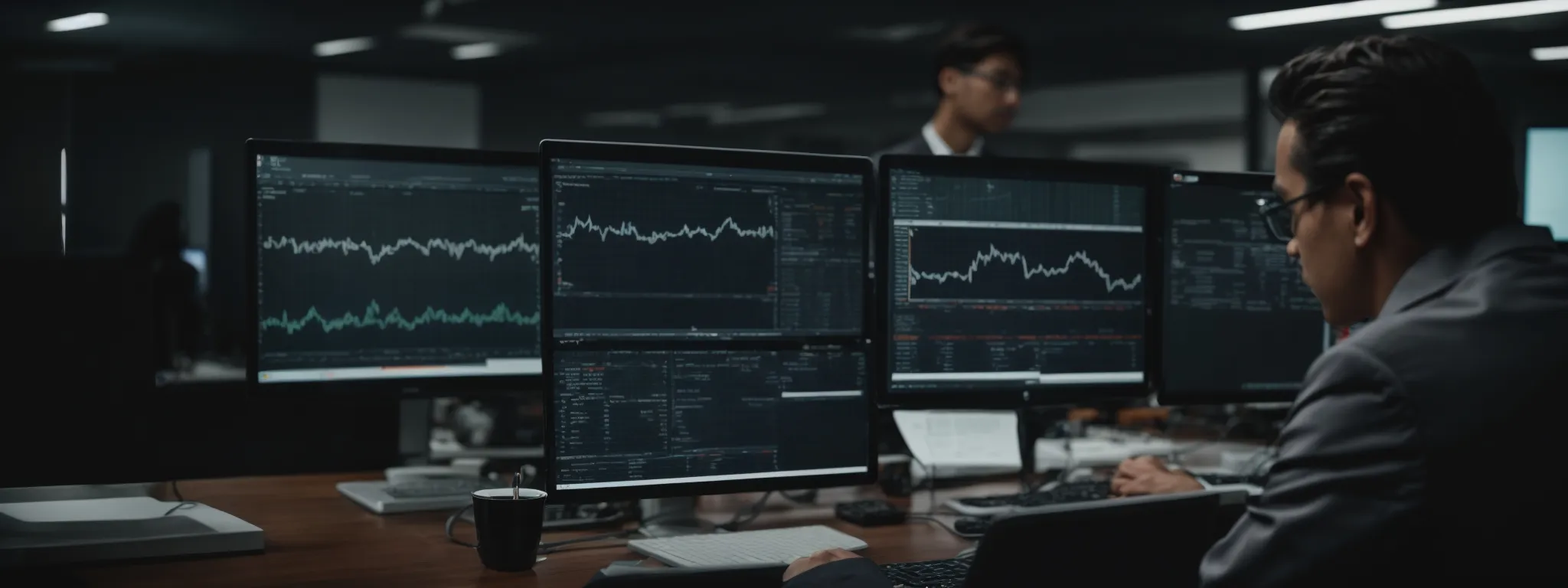 a person analyzing complex data on a computer screen in a modern office, with a clear focus on digital strategy.