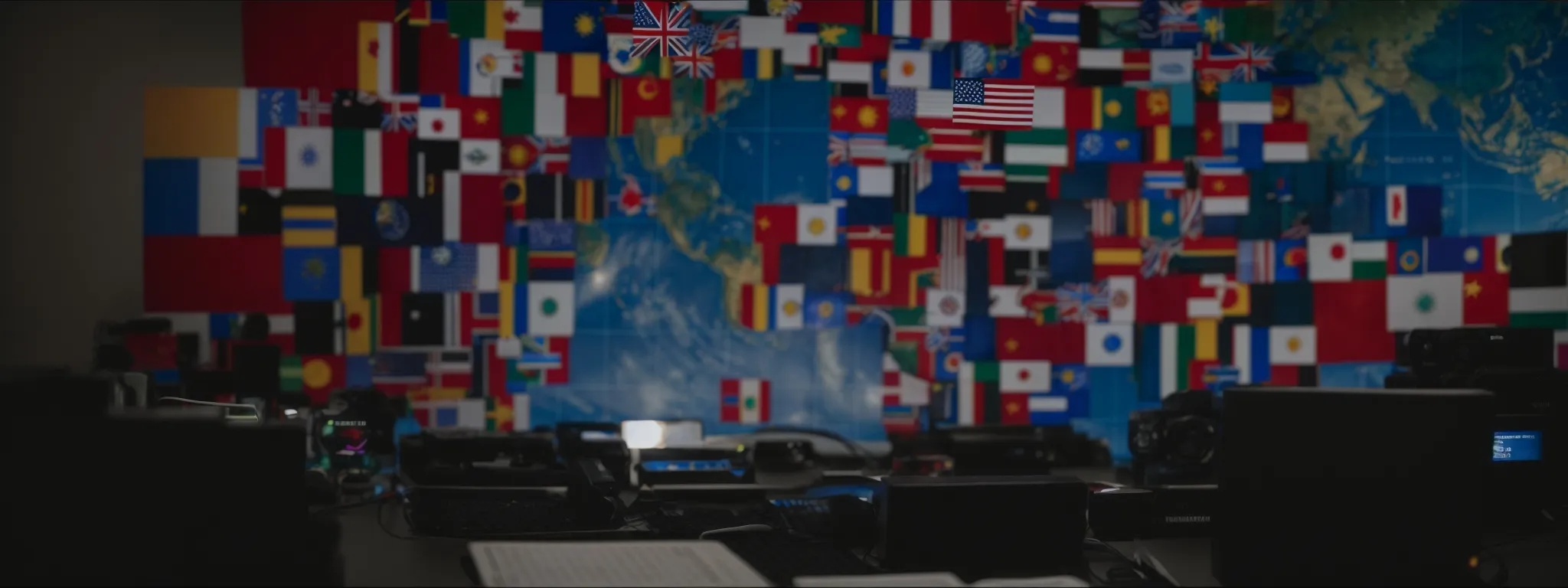 a globe surrounded by various national flags, with a computer screen in the background displaying lines of code.