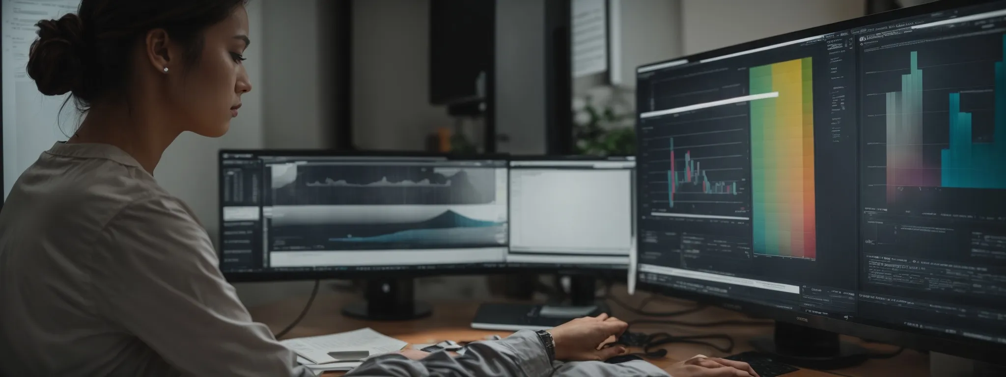 a designer intently selects colors and charts on a computer screen, crafting an infographic about organic seo and ctr metrics.