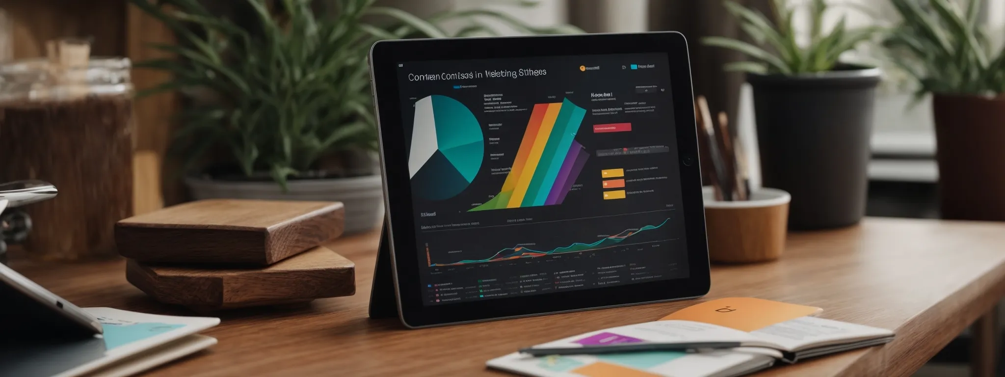 a sleek tablet displaying a colorful infographic on content marketing strategies lies atop a modern wooden desk.