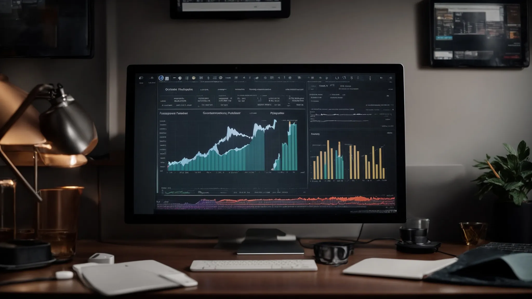 a marketer analyzes graphs on a computer screen, strategizing online campaign performance.