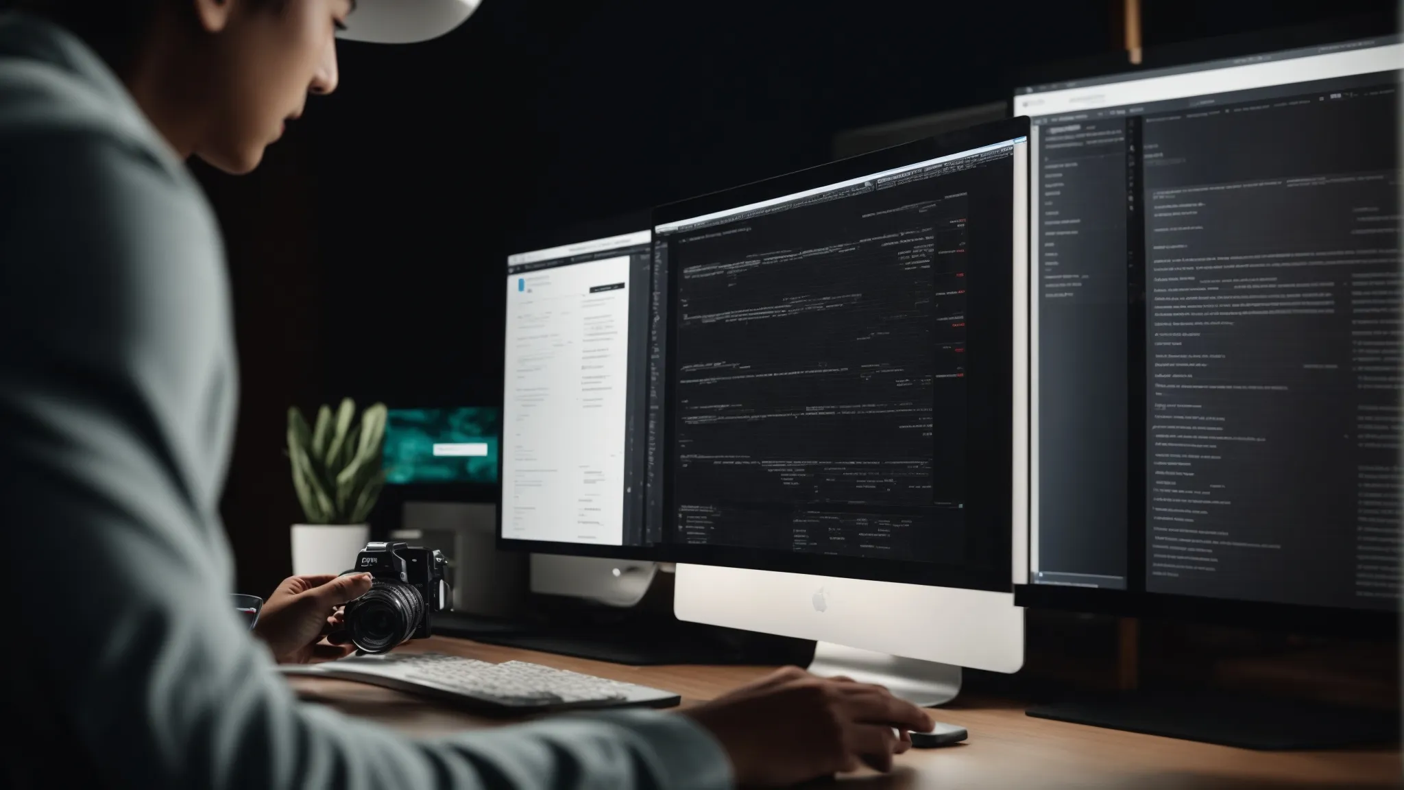 a person comparing two screens, one displaying a desktop application and the other showing a web page with seo analytics.
