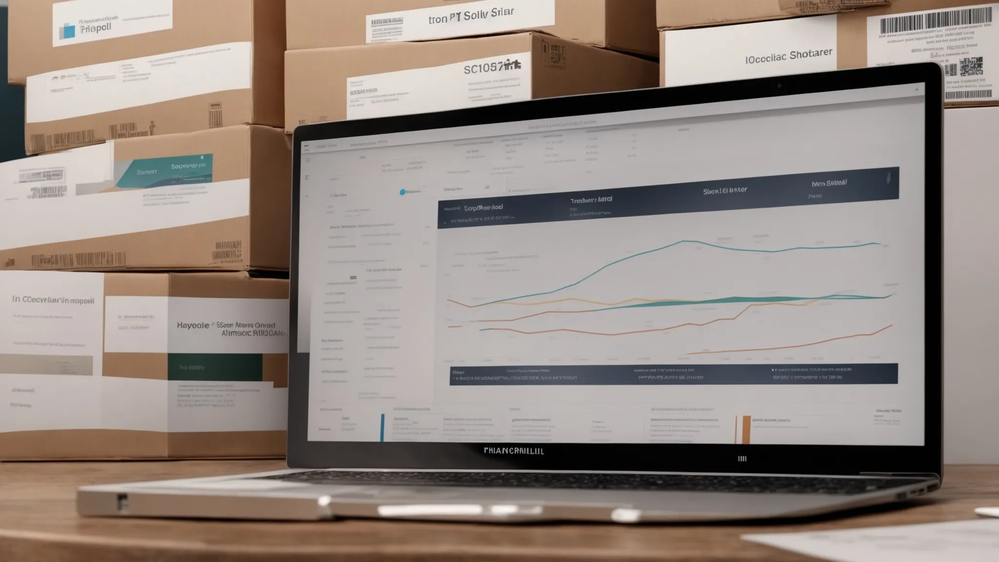 a laptop displaying graphs and supply chain software on a desk surrounded by shipping boxes and a globe.