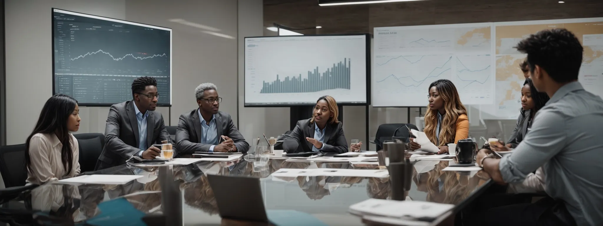 a diverse group of professionals engages in a vigorous discussion around a conference table laden with charts and graphs reflecting seo metrics.