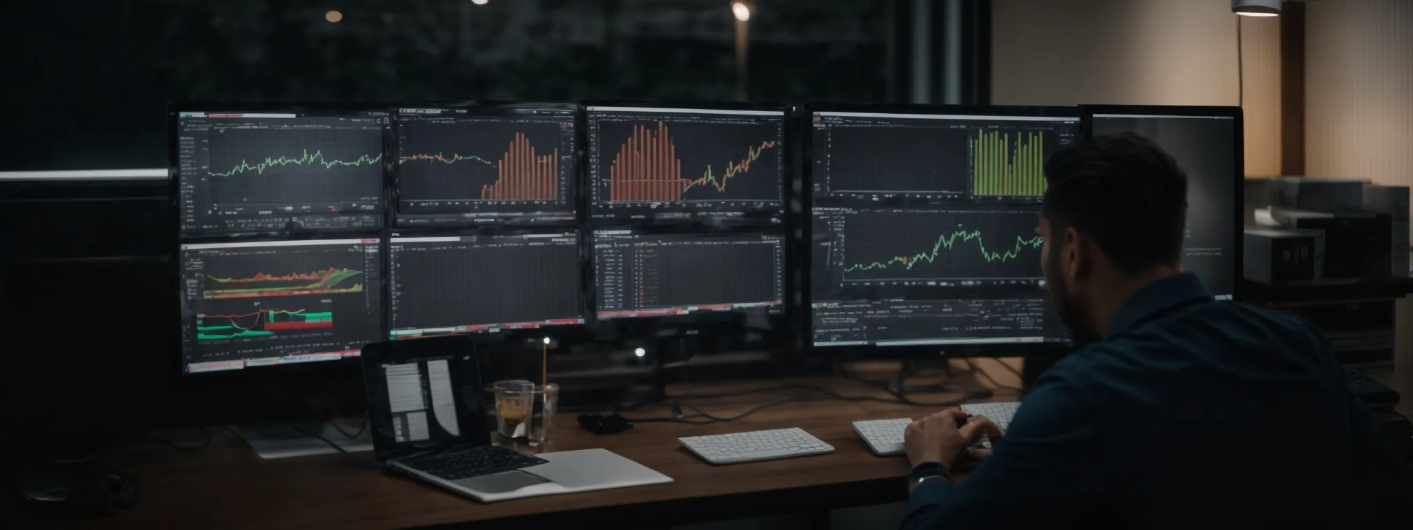 a professional digital marketer reviews analytics on a computer screen, showcasing successful campaign results.
