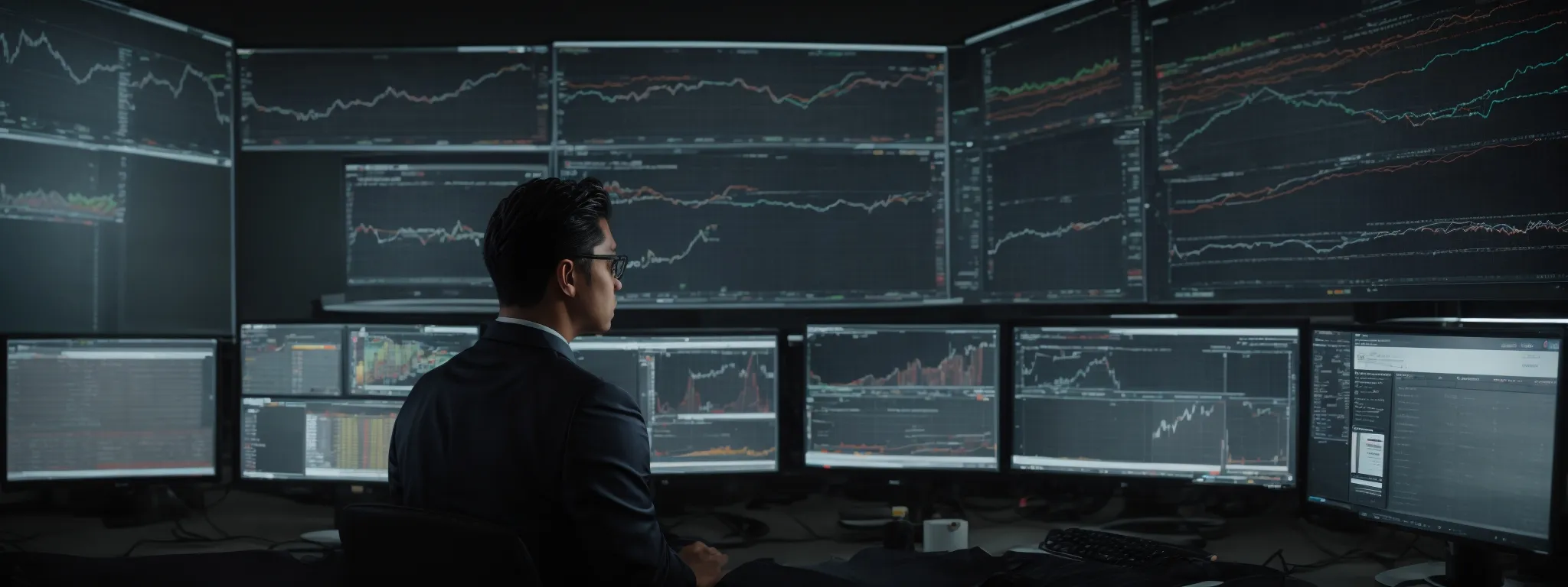 a focused individual intently analyzes data on a large computer screen, illustrating key metrics in an office environment buzzing with seo strategy development.