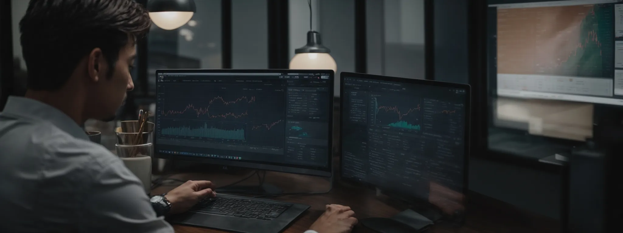 A man sits at a desk analyzing financial data on two computer monitors displaying charts and graphs in a dimly lit office.