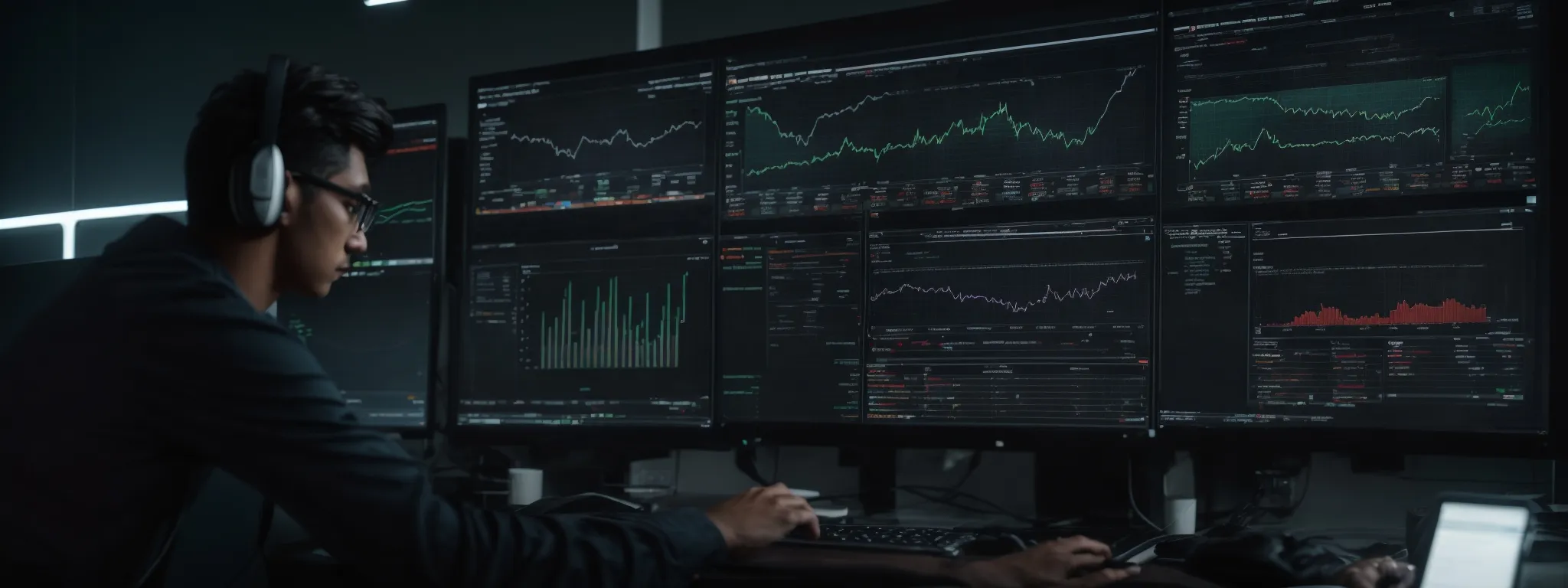 a person analyzing a complex data dashboard on a computer screen showing search trends and keyword volumes.