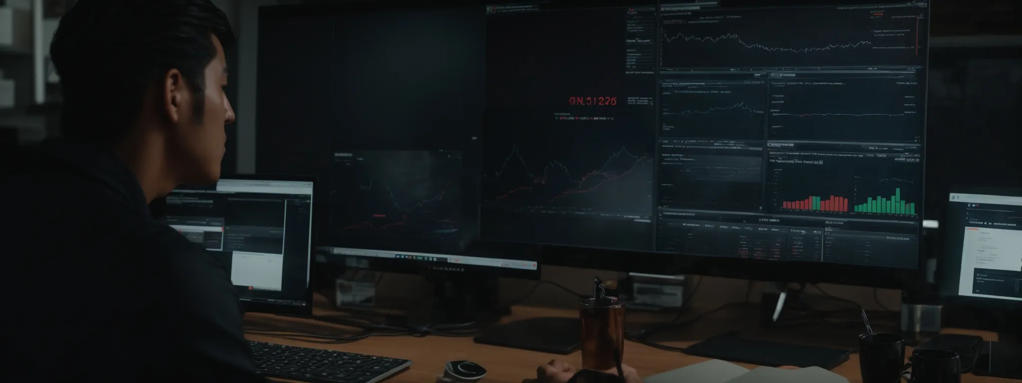 a marketer analyzes traffic growth on a computer screen showing video play counts and social media engagement metrics.