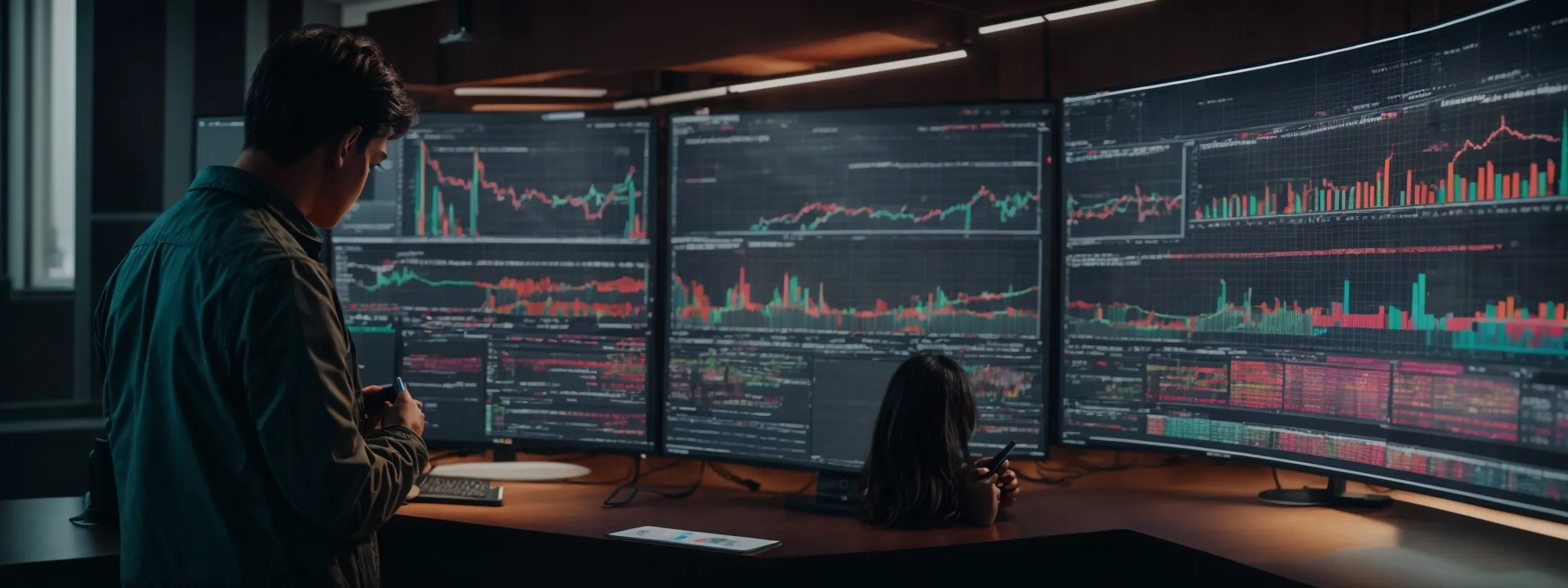 a person intently examines a large screen displaying colorful analytics graphs and charts, signifying in-depth seo strategies and content audits.