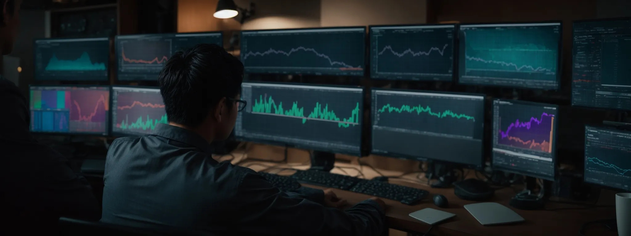 a person sitting at a desk with a computer displaying colorful graphs indicating search trends and keyword performance.