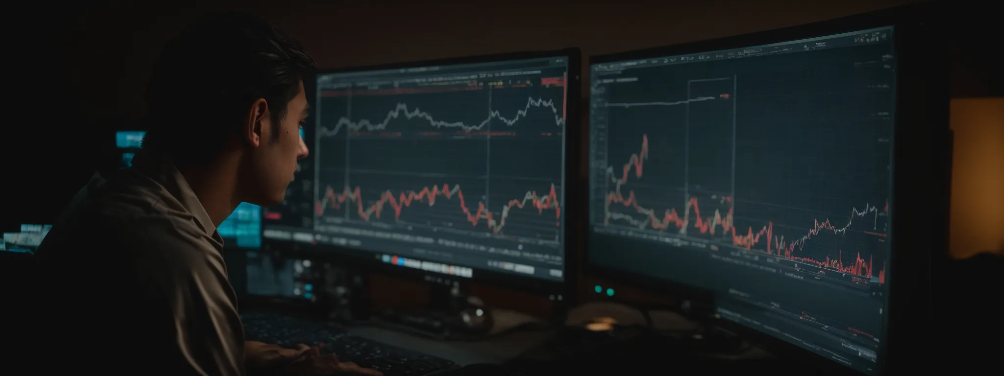 a person intently analyzing charts on a computer screen, reflecting on seo strategies.