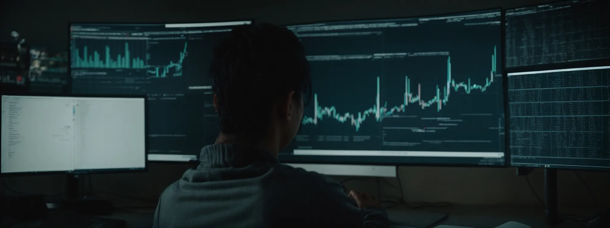 a person intently analyzes complex data visualizations on a computer screen, reflecting the strategic process of enhancing seo through command line tools.