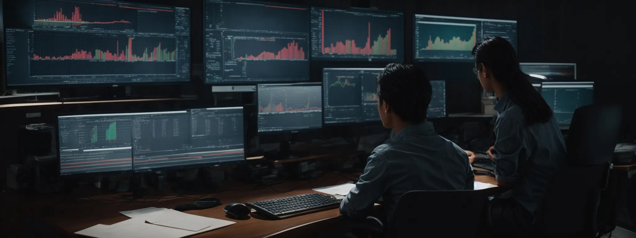 a person sitting at a modern desk with multiple computer screens displaying graphs and search engine results.